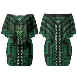 New Zealand Manta Ray Family Matching Off Shoulder Short Dress and Hawaiian Shirt Maori Tukutuku Taniko Motifs Green