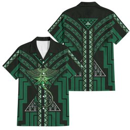New Zealand Manta Ray Family Matching Off Shoulder Short Dress and Hawaiian Shirt Maori Tukutuku Taniko Motifs Green