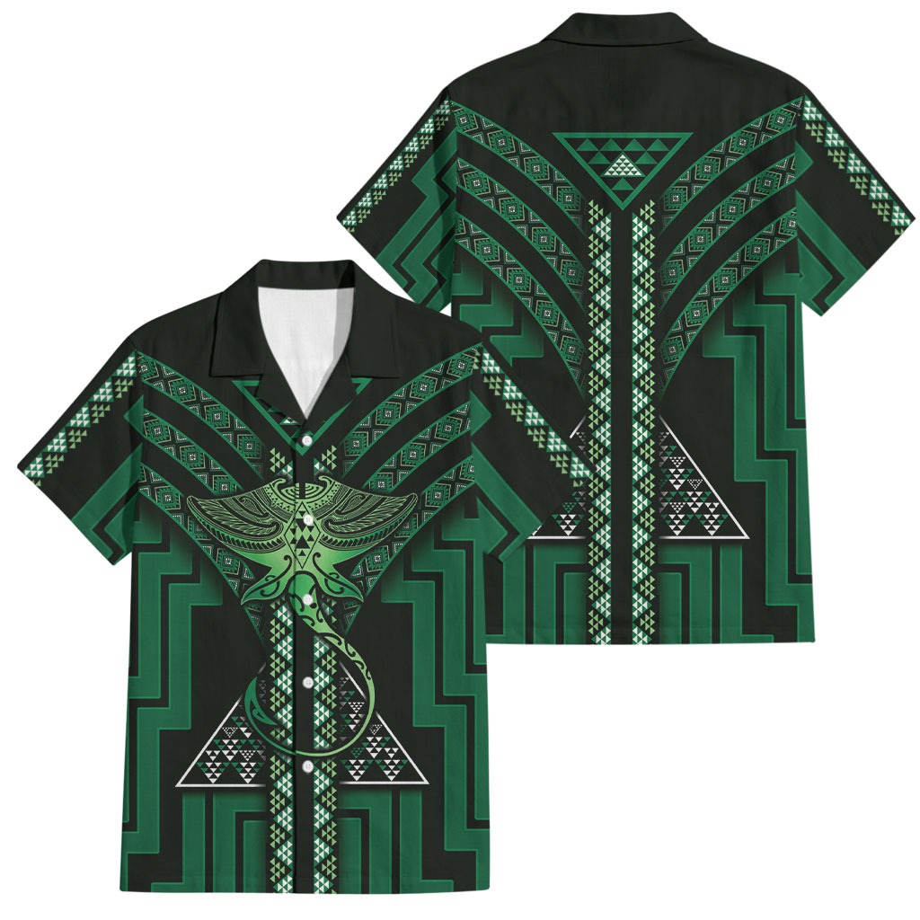 New Zealand Manta Ray Family Matching Off The Shoulder Long Sleeve Dress and Hawaiian Shirt Maori Tukutuku Taniko Motifs Green