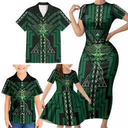 New Zealand Manta Ray Family Matching Short Sleeve Bodycon Dress and Hawaiian Shirt Maori Tukutuku Taniko Motifs Green
