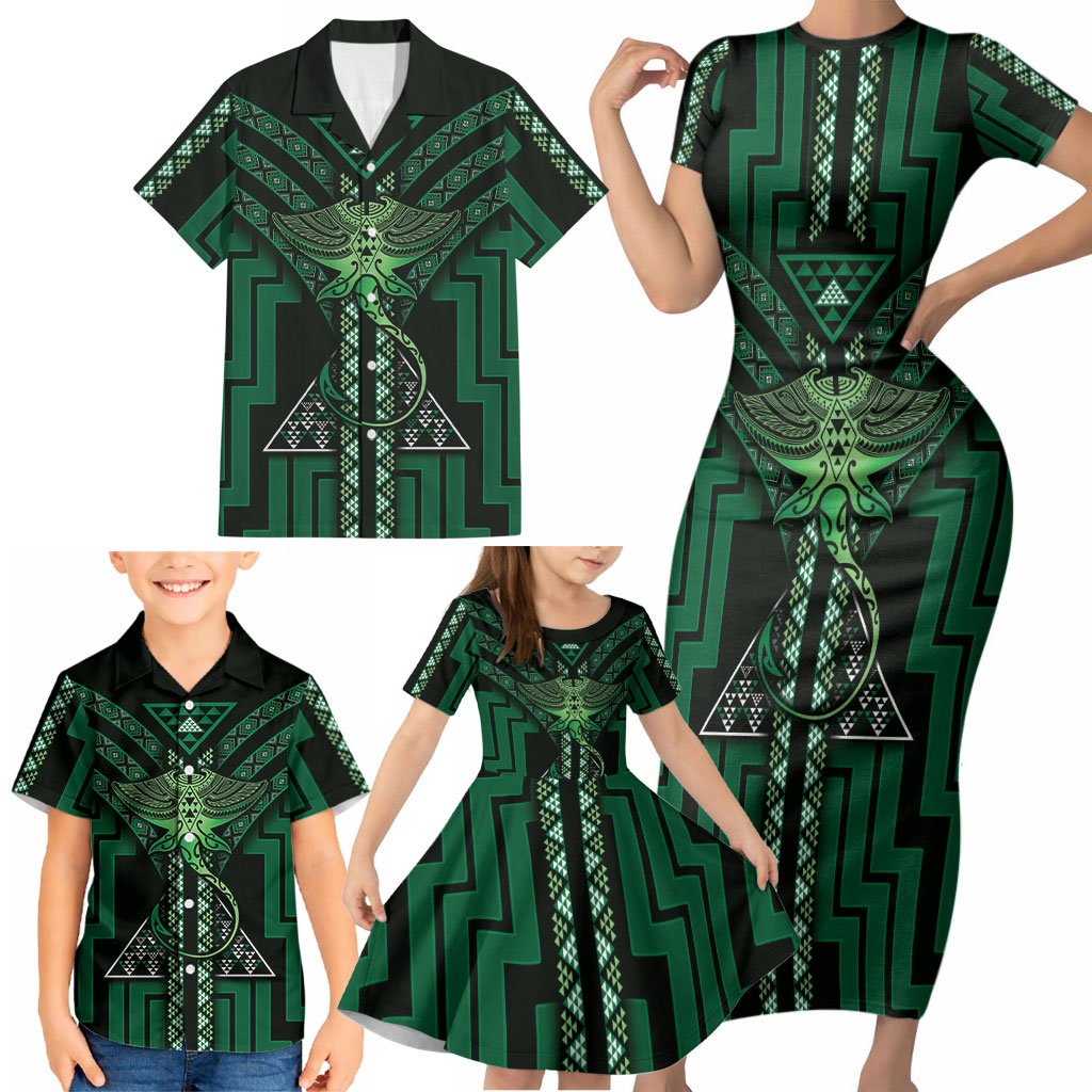 New Zealand Manta Ray Family Matching Short Sleeve Bodycon Dress and Hawaiian Shirt Maori Tukutuku Taniko Motifs Green