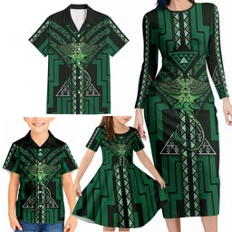 New Zealand Manta Ray Family Matching Long Sleeve Bodycon Dress and Hawaiian Shirt Maori Tukutuku Taniko Motifs Green