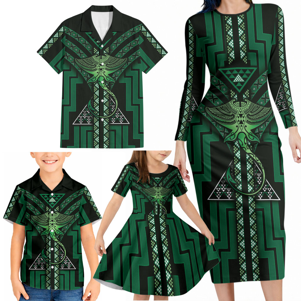 New Zealand Manta Ray Family Matching Long Sleeve Bodycon Dress and Hawaiian Shirt Maori Tukutuku Taniko Motifs Green