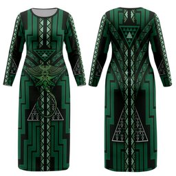 New Zealand Manta Ray Family Matching Long Sleeve Bodycon Dress and Hawaiian Shirt Maori Tukutuku Taniko Motifs Green