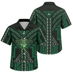 New Zealand Manta Ray Family Matching Off The Shoulder Long Sleeve Dress and Hawaiian Shirt Maori Tukutuku Taniko Motifs Green