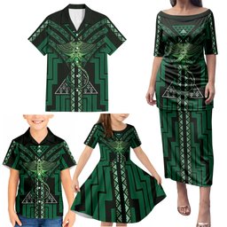 New Zealand Manta Ray Family Matching Puletasi and Hawaiian Shirt Maori Tukutuku Taniko Motifs Green