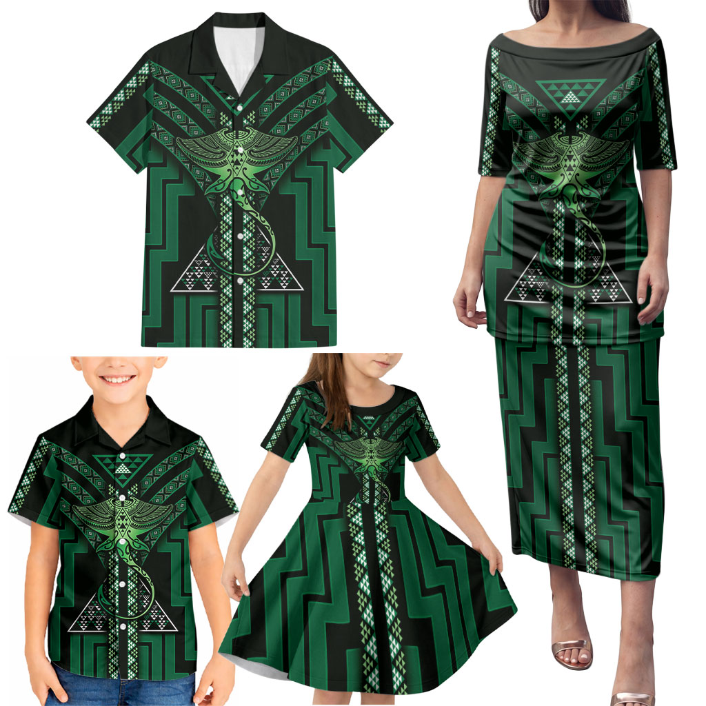 New Zealand Manta Ray Family Matching Puletasi and Hawaiian Shirt Maori Tukutuku Taniko Motifs Green