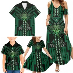New Zealand Manta Ray Family Matching Summer Maxi Dress and Hawaiian Shirt Maori Tukutuku Taniko Motifs Green