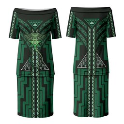 New Zealand Manta Ray Family Matching Puletasi and Hawaiian Shirt Maori Tukutuku Taniko Motifs Green