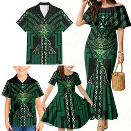 New Zealand Manta Ray Family Matching Mermaid Dress and Hawaiian Shirt Maori Tukutuku Taniko Motifs Green