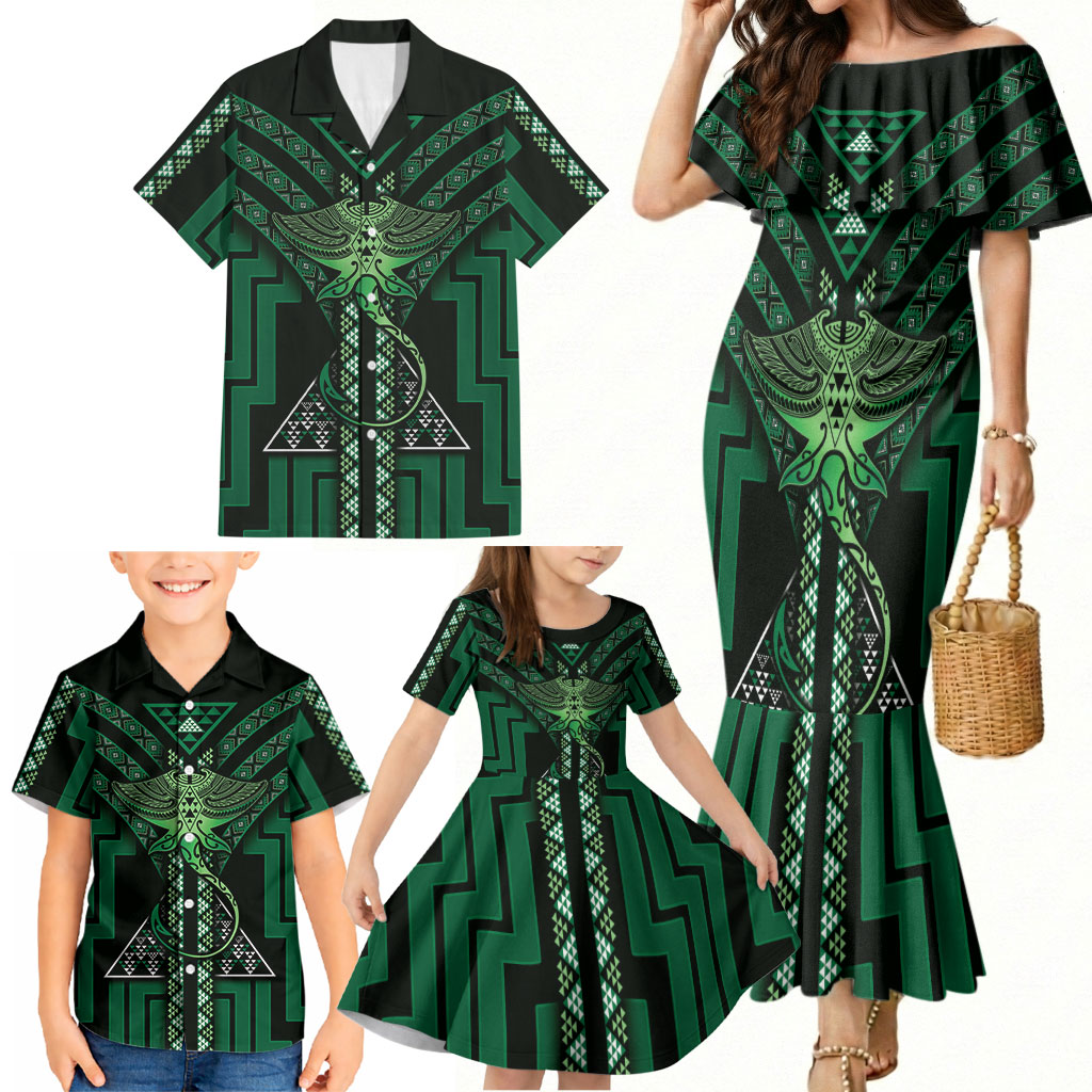 New Zealand Manta Ray Family Matching Mermaid Dress and Hawaiian Shirt Maori Tukutuku Taniko Motifs Green