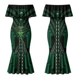 New Zealand Manta Ray Family Matching Mermaid Dress and Hawaiian Shirt Maori Tukutuku Taniko Motifs Green
