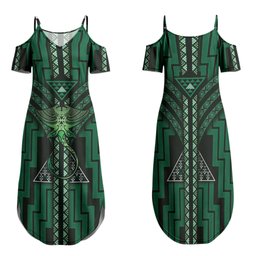 New Zealand Manta Ray Family Matching Summer Maxi Dress and Hawaiian Shirt Maori Tukutuku Taniko Motifs Green