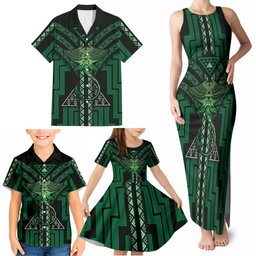 New Zealand Manta Ray Family Matching Tank Maxi Dress and Hawaiian Shirt Maori Tukutuku Taniko Motifs Green