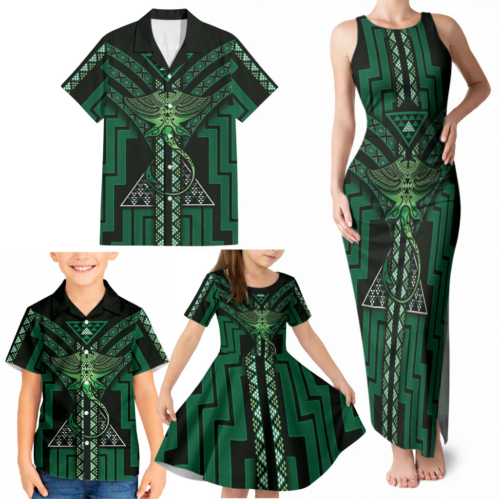 New Zealand Manta Ray Family Matching Tank Maxi Dress and Hawaiian Shirt Maori Tukutuku Taniko Motifs Green