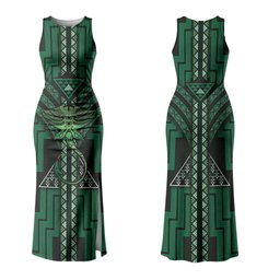New Zealand Manta Ray Family Matching Tank Maxi Dress and Hawaiian Shirt Maori Tukutuku Taniko Motifs Green