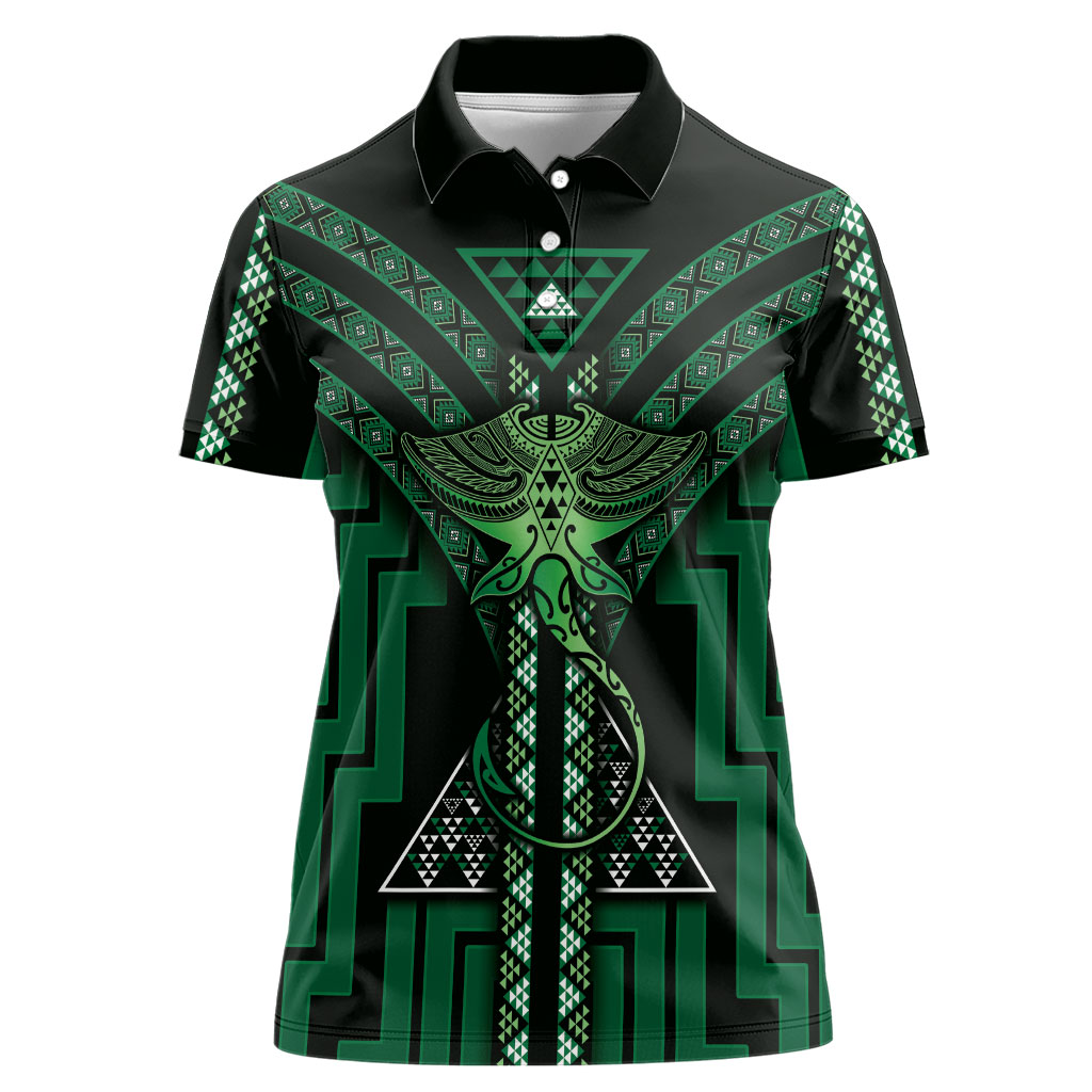 New Zealand Manta Ray Women Polo Shirt Maori Tukutuku Taniko Motifs Green