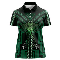 New Zealand Manta Ray Women Polo Shirt Maori Tukutuku Taniko Motifs Green