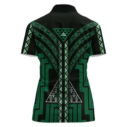 New Zealand Manta Ray Women Polo Shirt Maori Tukutuku Taniko Motifs Green