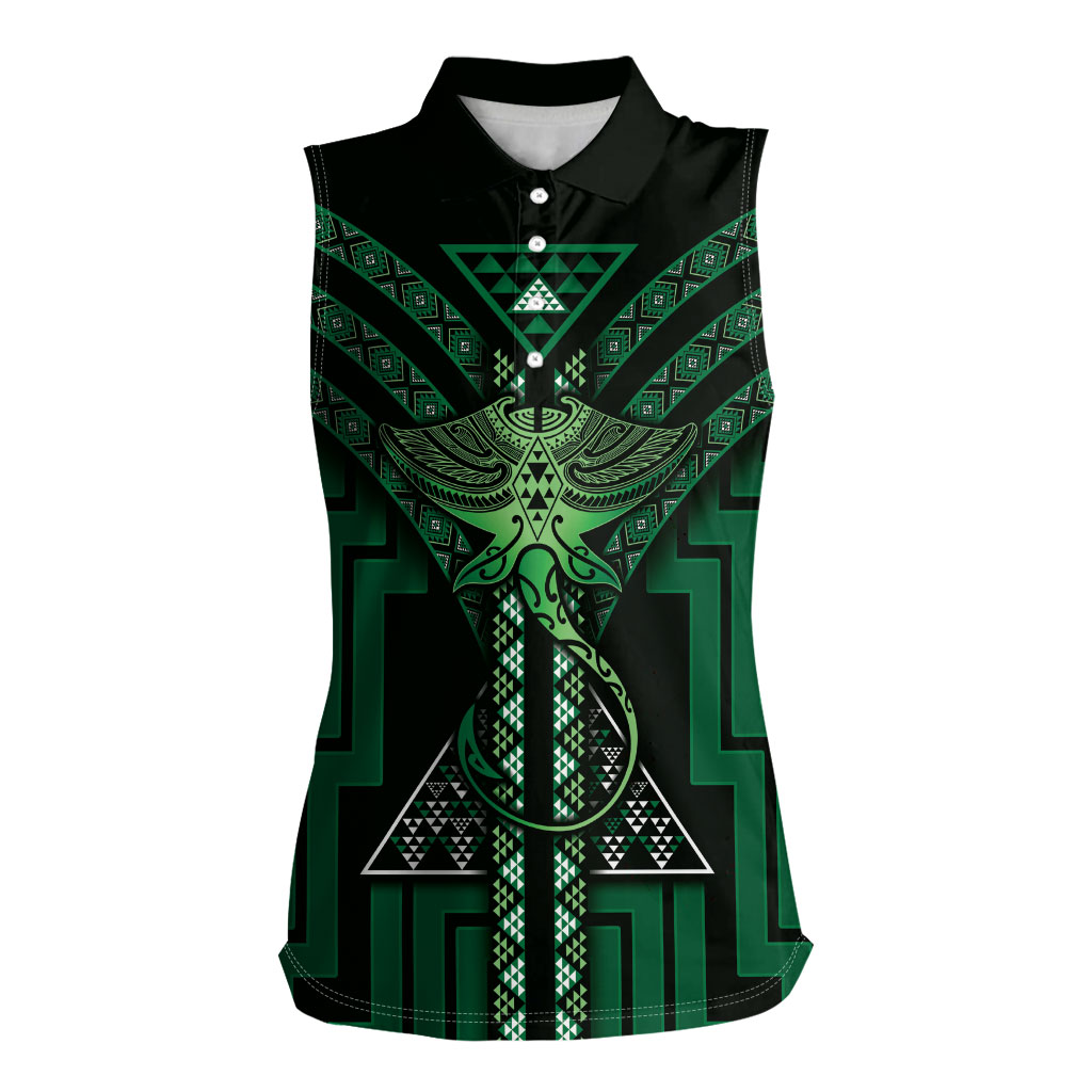 New Zealand Manta Ray Women Sleeveless Polo Shirt Maori Tukutuku Taniko Motifs Green