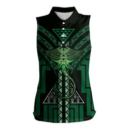 New Zealand Manta Ray Women Sleeveless Polo Shirt Maori Tukutuku Taniko Motifs Green