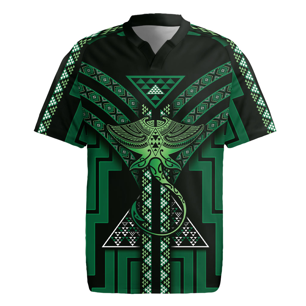 New Zealand Manta Ray Rugby Jersey Maori Tukutuku Taniko Motifs Green