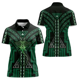 New Zealand Manta Ray Women Polo Shirt Maori Tukutuku Taniko Motifs Green