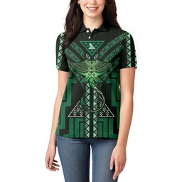New Zealand Manta Ray Women Polo Shirt Maori Tukutuku Taniko Motifs Green