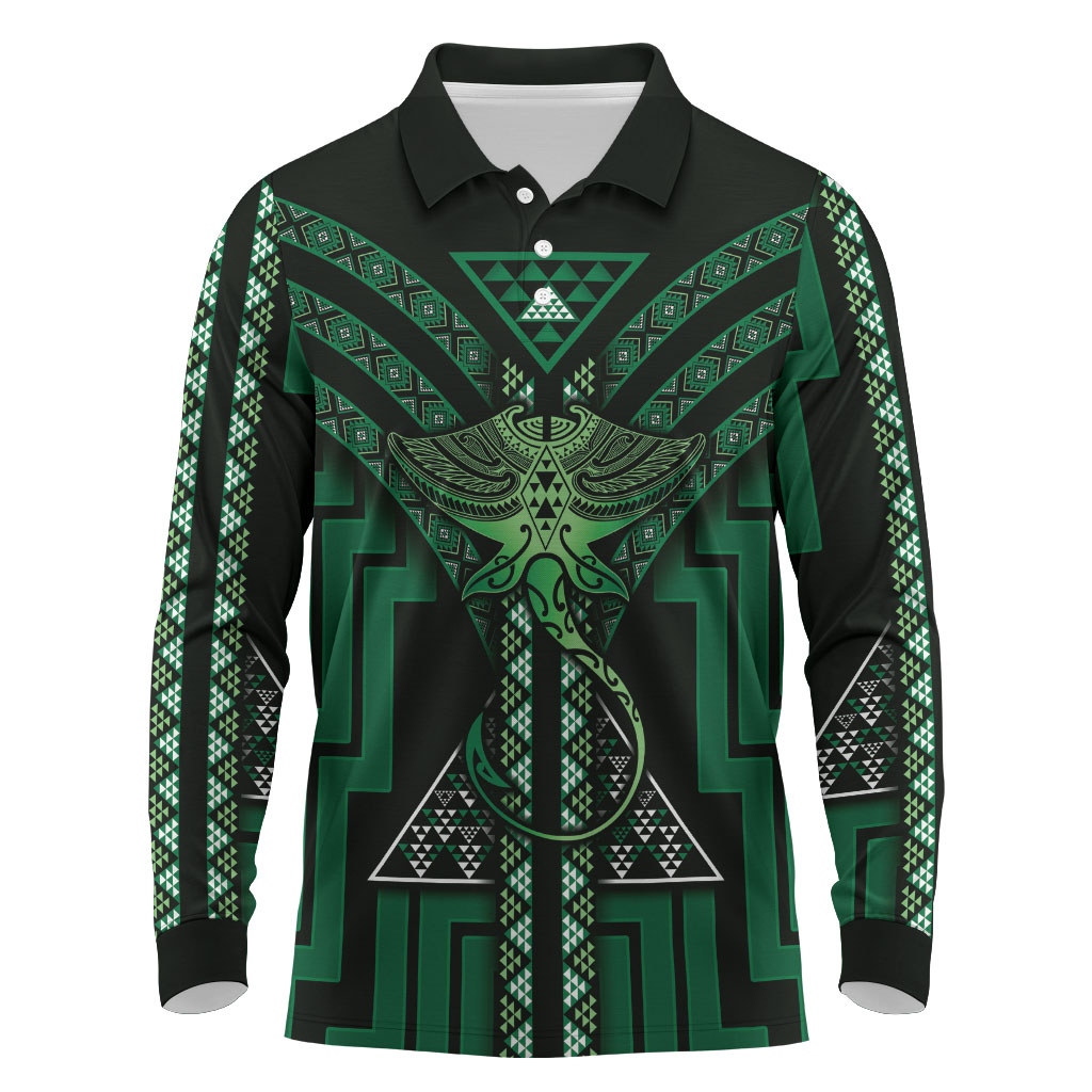 New Zealand Manta Ray Long Sleeve Polo Shirt Maori Tukutuku Taniko Motifs Green