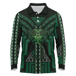 New Zealand Manta Ray Long Sleeve Polo Shirt Maori Tukutuku Taniko Motifs Green