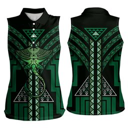 New Zealand Manta Ray Women Sleeveless Polo Shirt Maori Tukutuku Taniko Motifs Green