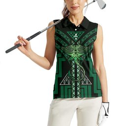 New Zealand Manta Ray Women Sleeveless Polo Shirt Maori Tukutuku Taniko Motifs Green