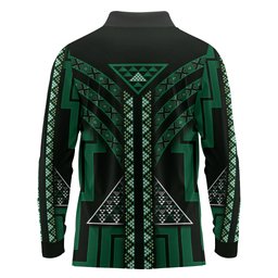 New Zealand Manta Ray Long Sleeve Polo Shirt Maori Tukutuku Taniko Motifs Green