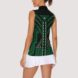 New Zealand Manta Ray Women Sleeveless Polo Shirt Maori Tukutuku Taniko Motifs Green