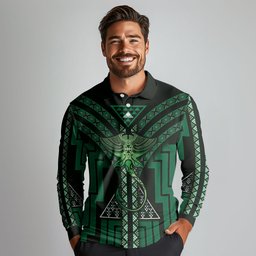 New Zealand Manta Ray Long Sleeve Polo Shirt Maori Tukutuku Taniko Motifs Green