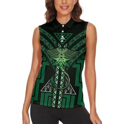 New Zealand Manta Ray Women Sleeveless Polo Shirt Maori Tukutuku Taniko Motifs Green