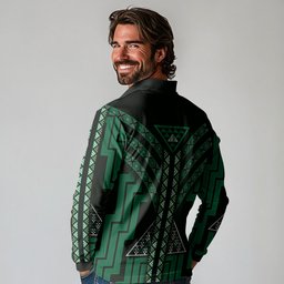 New Zealand Manta Ray Long Sleeve Polo Shirt Maori Tukutuku Taniko Motifs Green