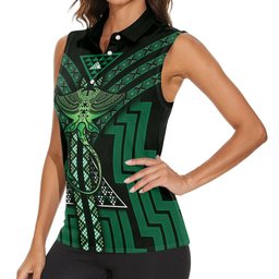 New Zealand Manta Ray Women Sleeveless Polo Shirt Maori Tukutuku Taniko Motifs Green