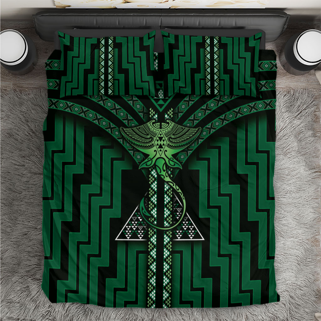 New Zealand Manta Ray Bedding Set Maori Tukutuku Taniko Motifs Green