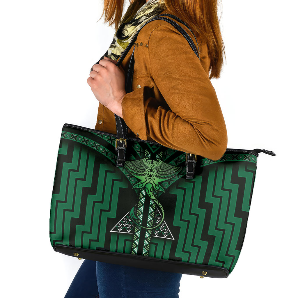 New Zealand Manta Ray Leather Tote Bag Maori Tukutuku Taniko Motifs Green