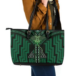 New Zealand Manta Ray Leather Tote Bag Maori Tukutuku Taniko Motifs Green