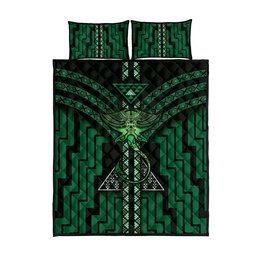 New Zealand Manta Ray Quilt Bed Set Maori Tukutuku Taniko Motifs Green