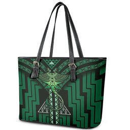 New Zealand Manta Ray Leather Tote Bag Maori Tukutuku Taniko Motifs Green