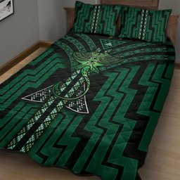 New Zealand Manta Ray Quilt Bed Set Maori Tukutuku Taniko Motifs Green