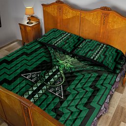 New Zealand Manta Ray Quilt Bed Set Maori Tukutuku Taniko Motifs Green