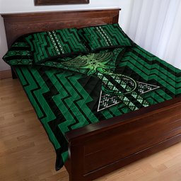 New Zealand Manta Ray Quilt Bed Set Maori Tukutuku Taniko Motifs Green