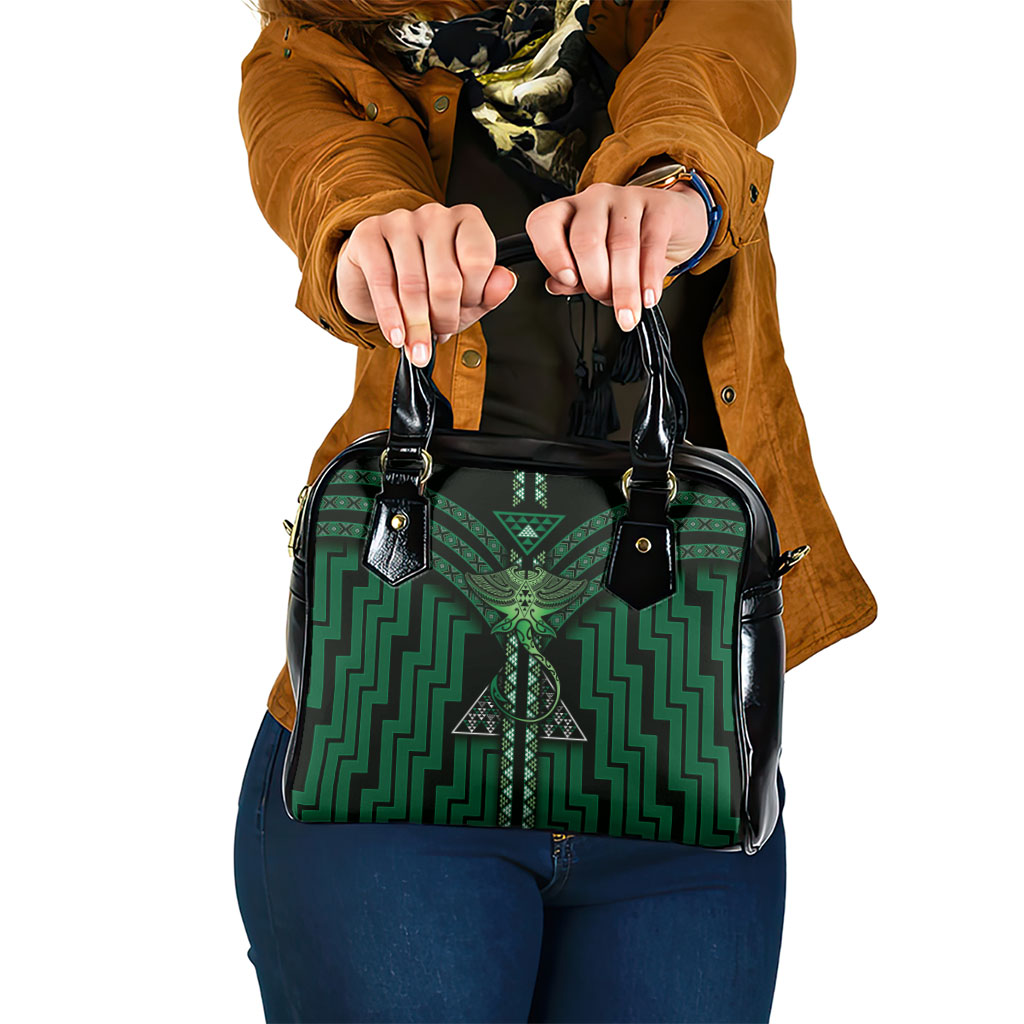 New Zealand Manta Ray Shoulder Handbag Maori Tukutuku Taniko Motifs Green