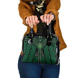 New Zealand Manta Ray Shoulder Handbag Maori Tukutuku Taniko Motifs Green