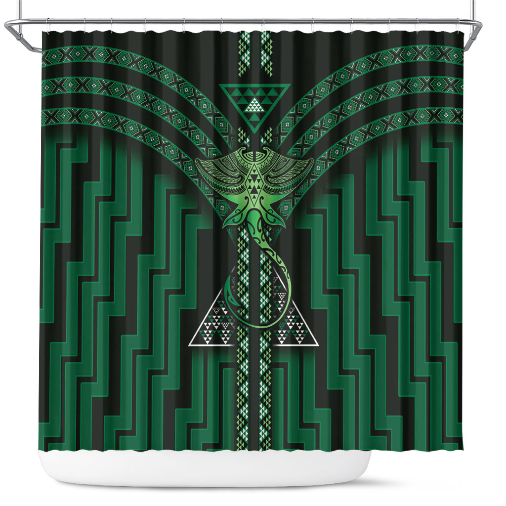 New Zealand Manta Ray Shower Curtain Maori Tukutuku Taniko Motifs Green