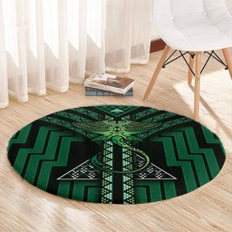 New Zealand Manta Ray Round Carpet Maori Tukutuku Taniko Motifs Green